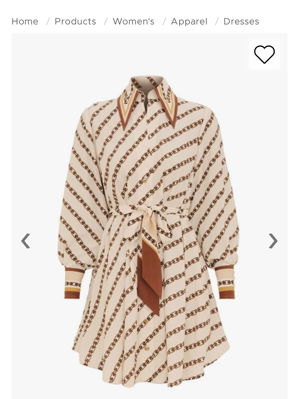 Zimmerman Tuck Cream and Brown Chain-Print Shirt Dress with Tie Waist